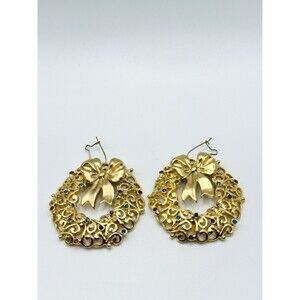 Vintage Christmas Wreath & Bow Earrings Multicolor Rhinestones Gold Tone